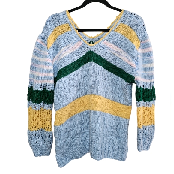 Handmade Blue Yellow and Green Hand Knit Colorful V-neck Sweater - Picture 1 of 9